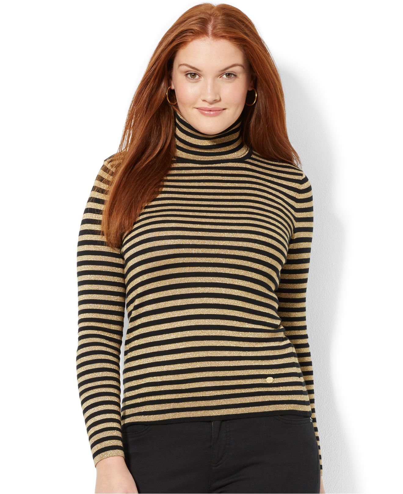 Lauren by ralph lauren Plus Size MetallicStriped Turtleneck Sweater in