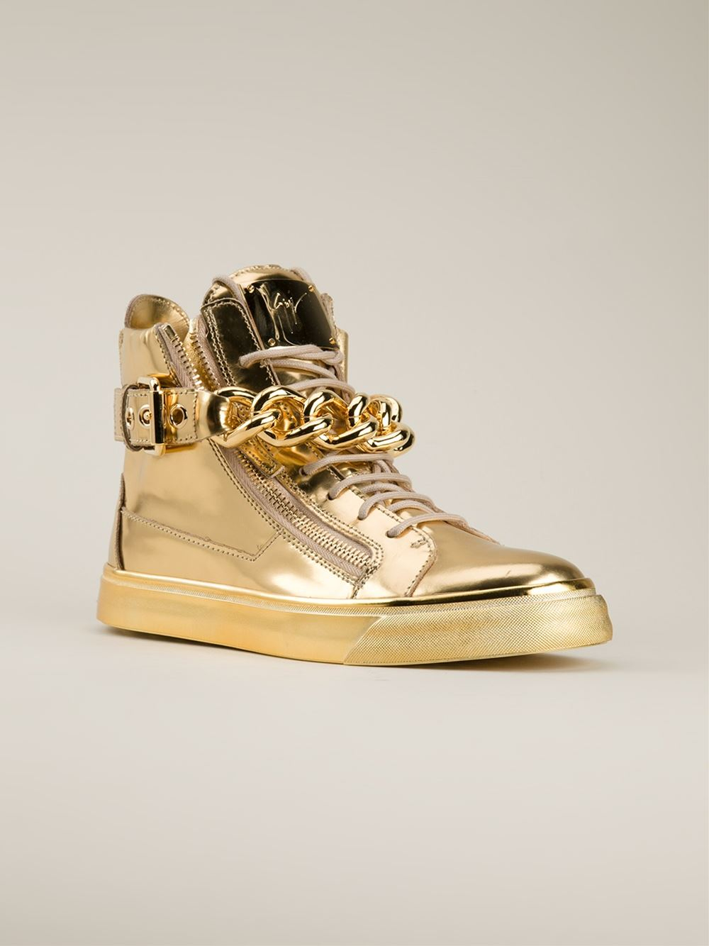 Giuseppe zanotti Chain Trim Hi-top Sneakers in Gold for Men | Lyst