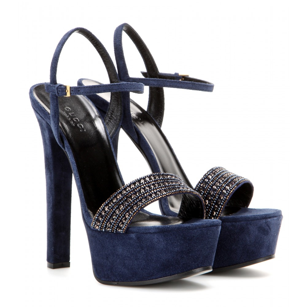 Gucci Embellished Suede Platform Sandals in Blue | Lyst