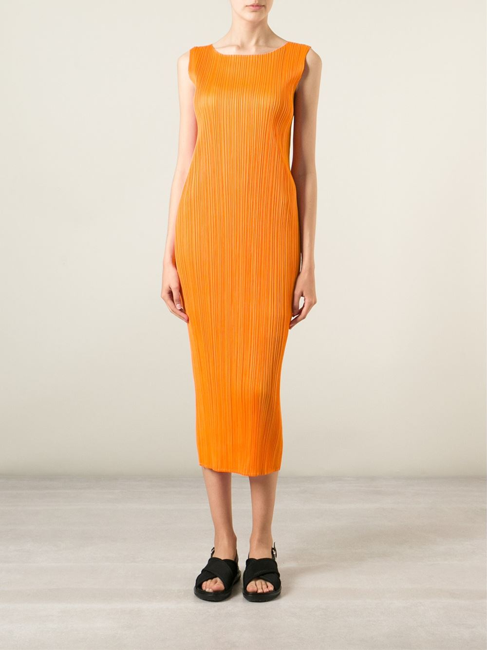 Pleats Please Issey Miyake Sleeveless Pleated Dress in Yellow & Orange ...