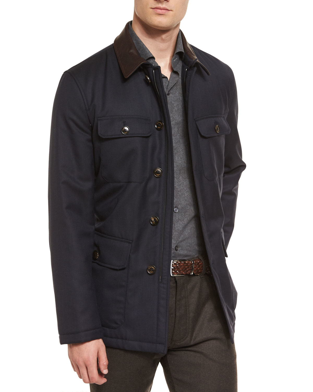 Ermenegildo Zegna Wool Safari Jacket With Leather Collar In Blue Gallery