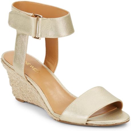 Nine West Riley Metallic Faux Saffiano Leather Wedge Sandals in Gold ...