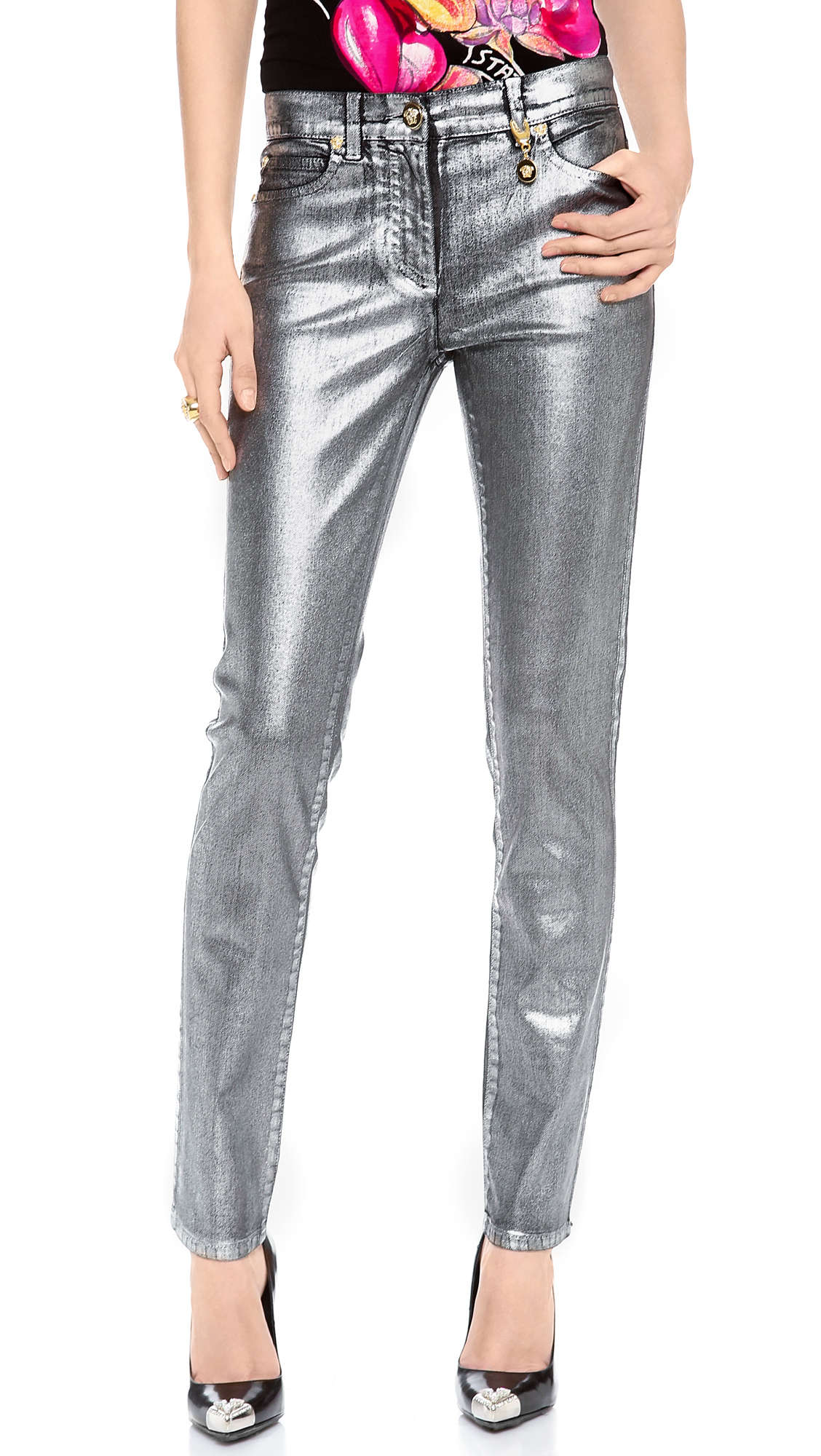 Versace Shiny Coated Skinny Jeans in Silver (Nero/Argento) | Lyst