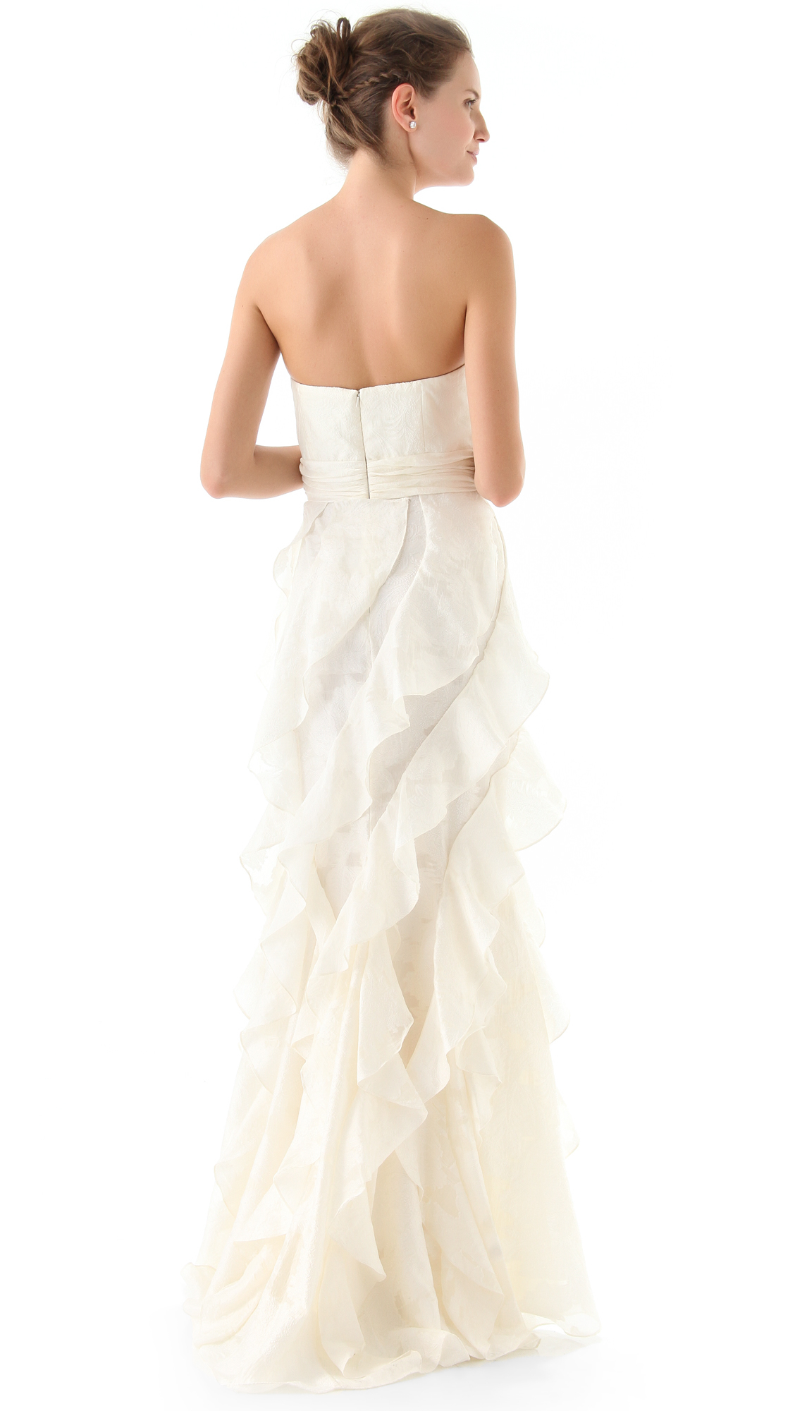 Badgley mischka Strapless Gown With Ruffle in White | Lyst