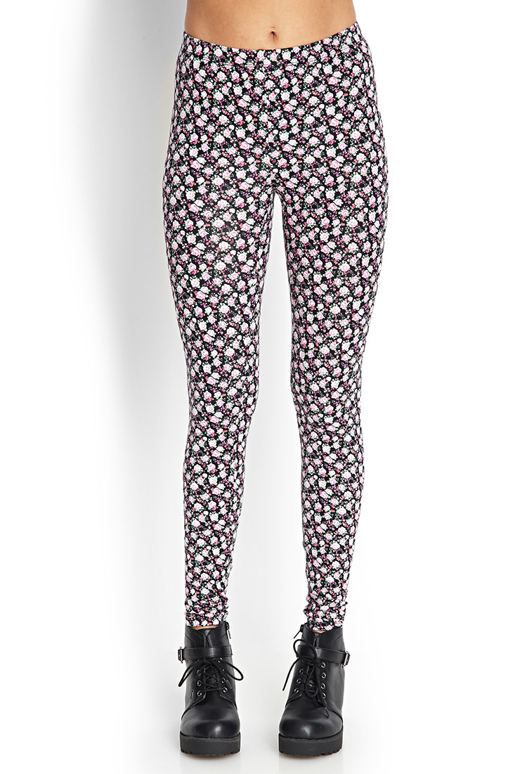 Forever 21 Cotton Ditsy Floral Print Leggings in Black/Pink (Black) - Lyst