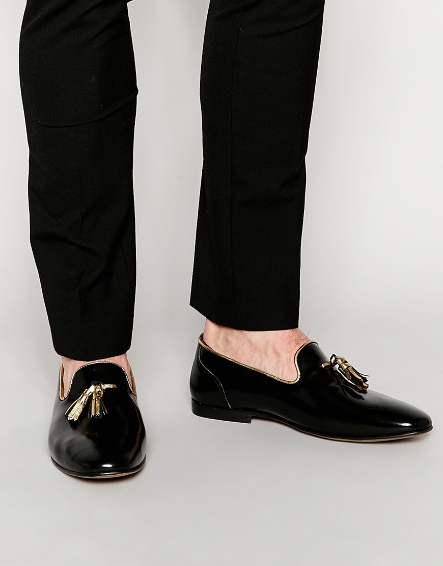 Lyst - Asos Tassel Loafers In Black Leather With Gold Trims in Black for Men