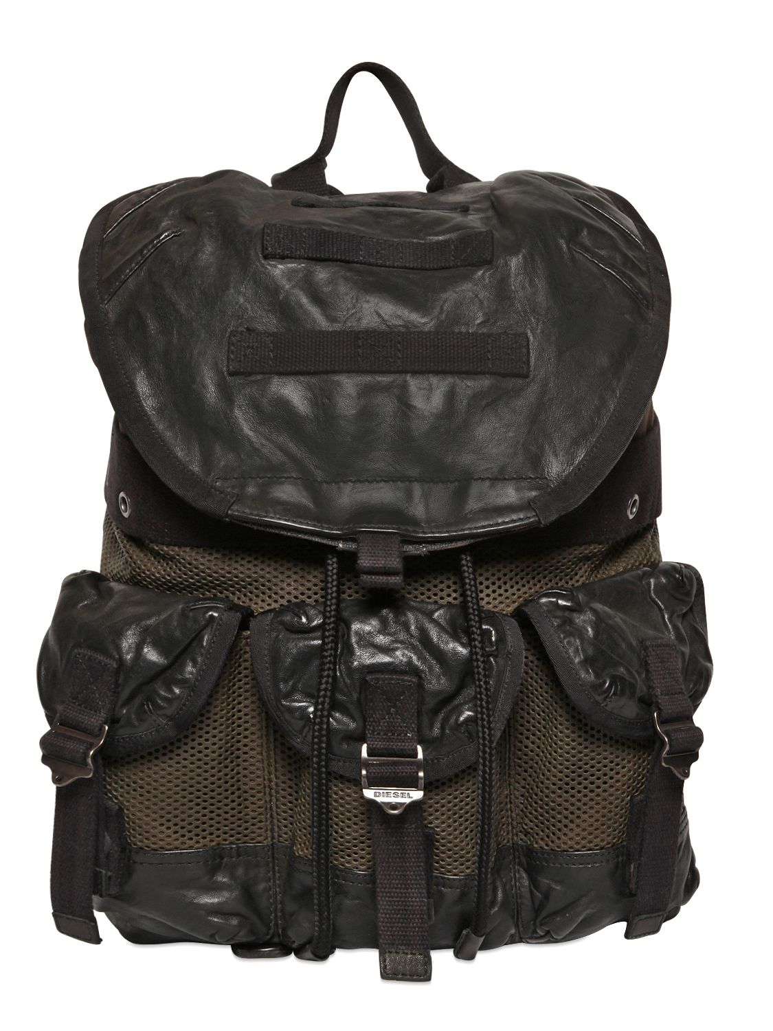 DIESEL Perforated & Washed Leather Backpack in Black/Olive (Black) for ...