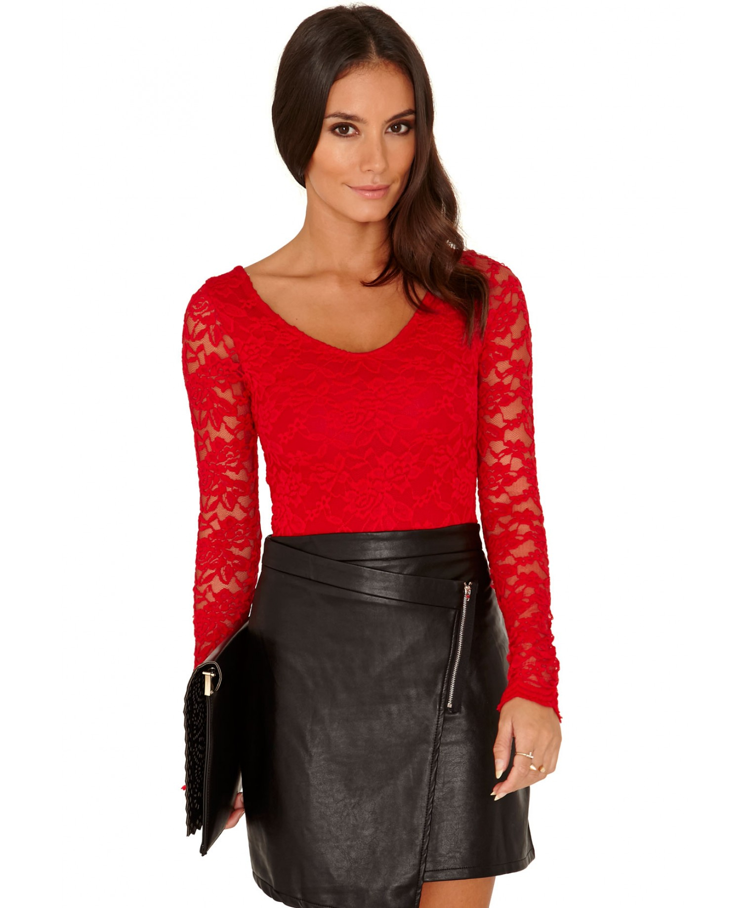 Missguided Arin Long Sleeve Lace Bodysuit in Red - Lyst