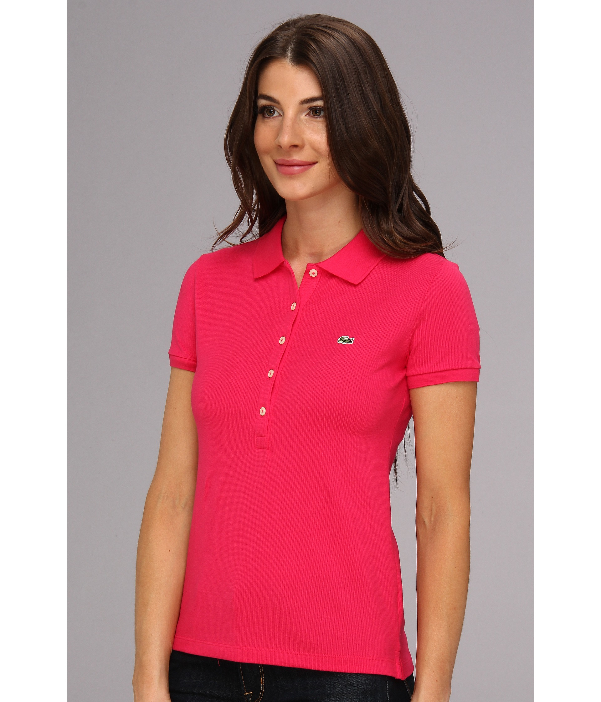 Lacoste Ss 5 Button Stretch Pique Polo in Pink - Lyst