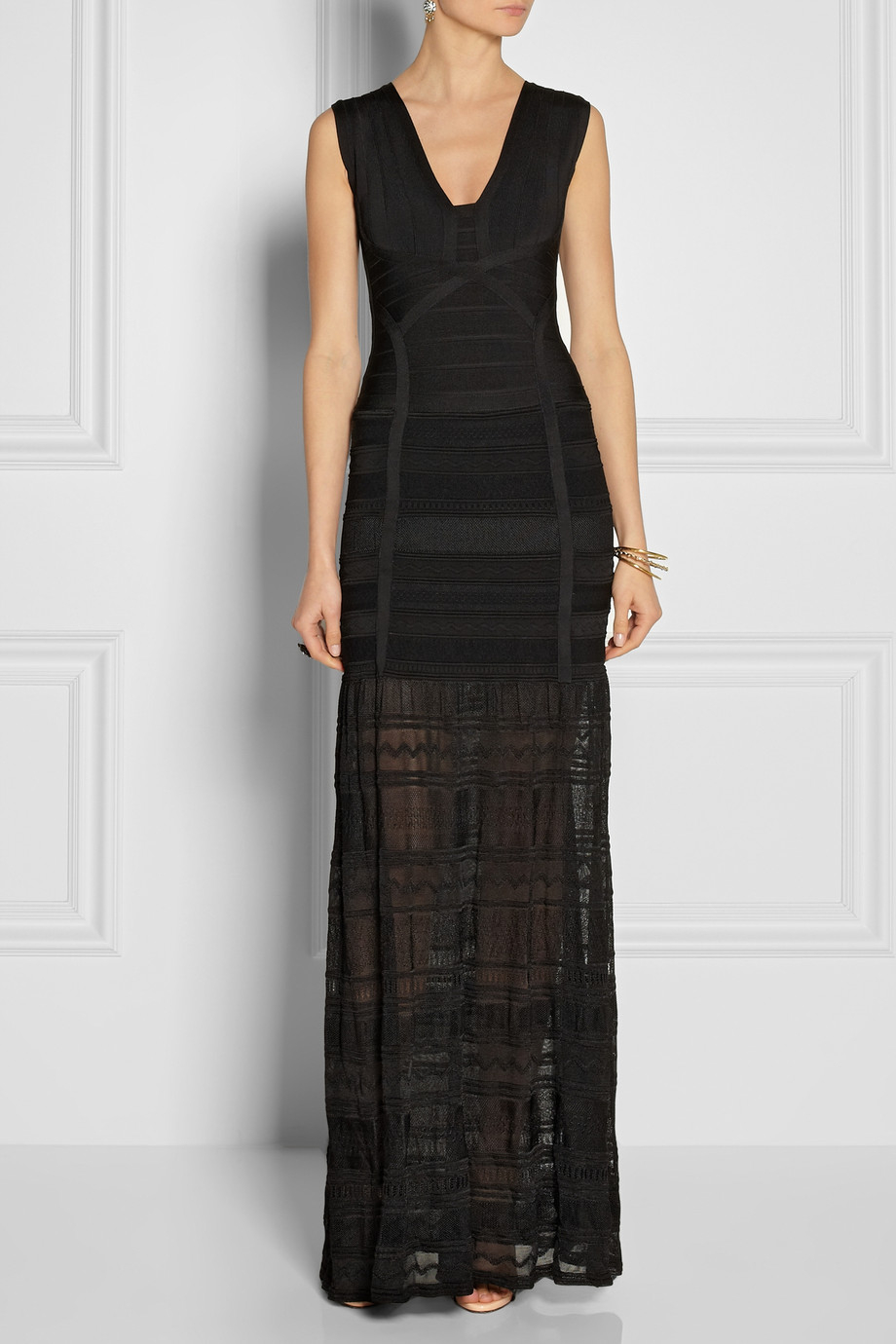 Hervé léger Miriam Bandage and Pointelle Gown in Black | Lyst