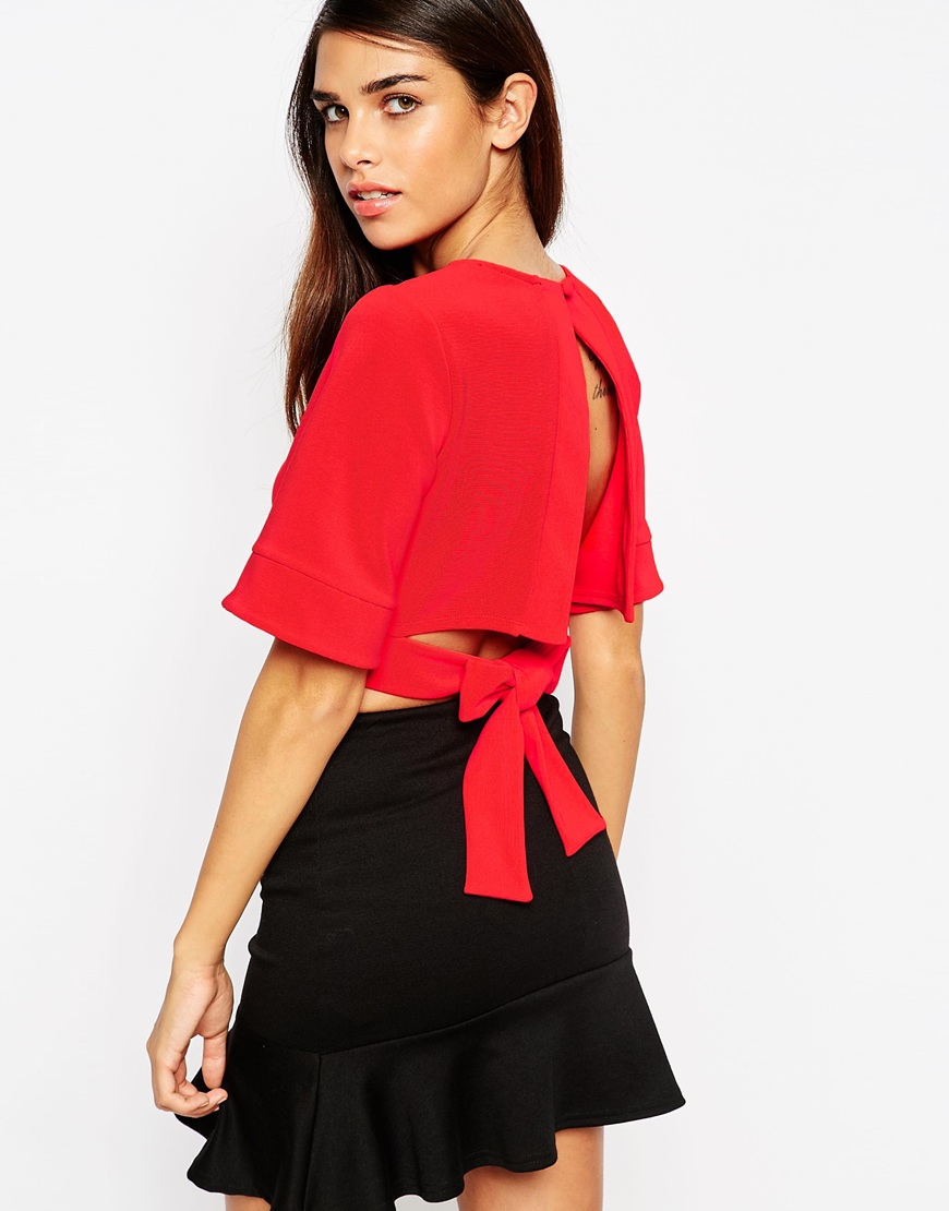 Asos Kimono Crop Top With Obi Tie And Open Back In Rib in Red Lyst