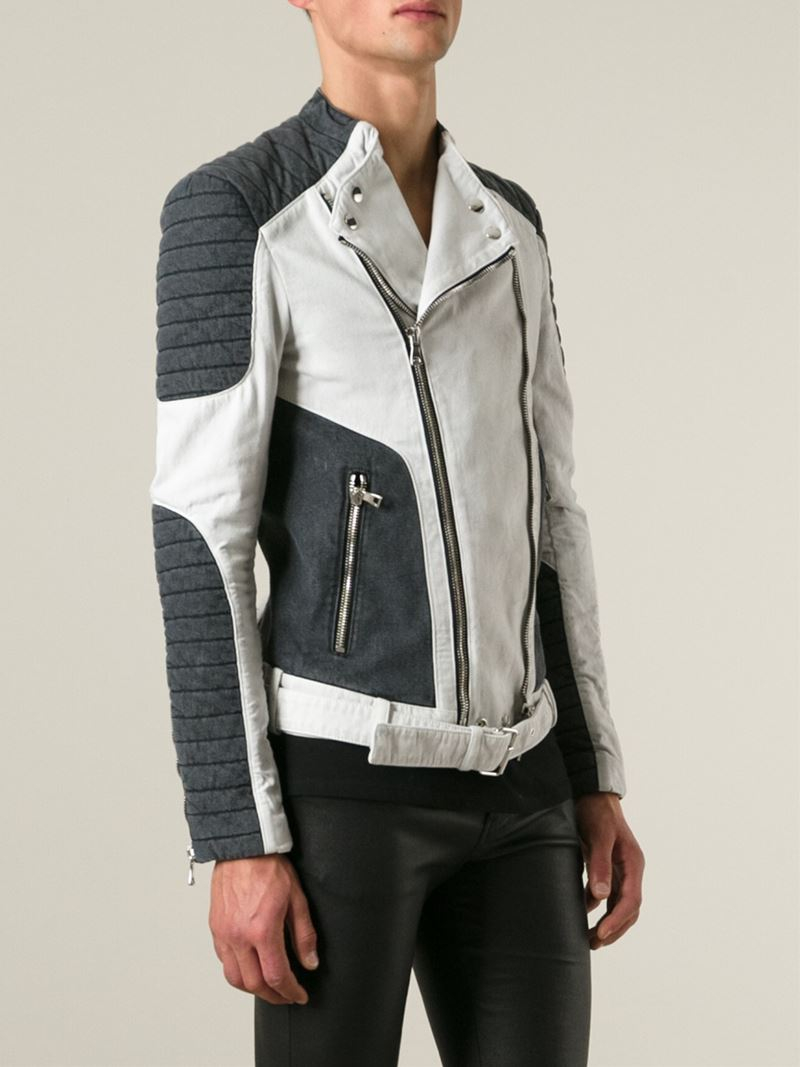 Balmain Contrast Panel Biker Jacket in White (Black) for Men - Lyst