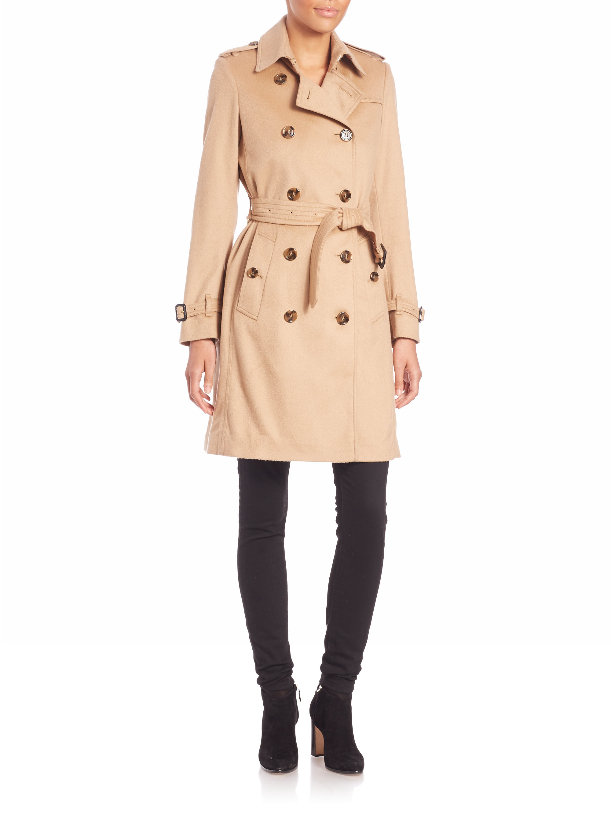 Burberry Kensington Camel Cashmere Trench Coat in Natural - Lyst