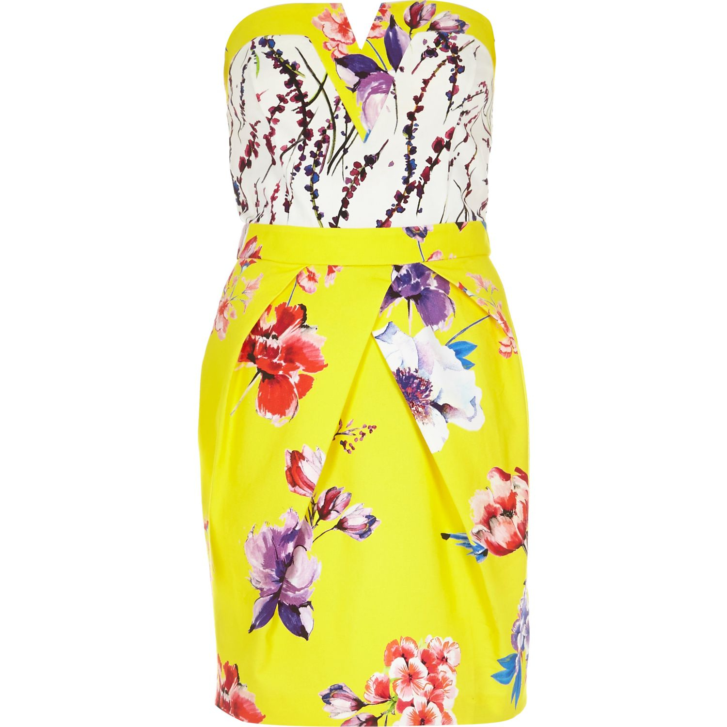 River Island Yellow Floral Print Strapless Bandeau Dress - Lyst