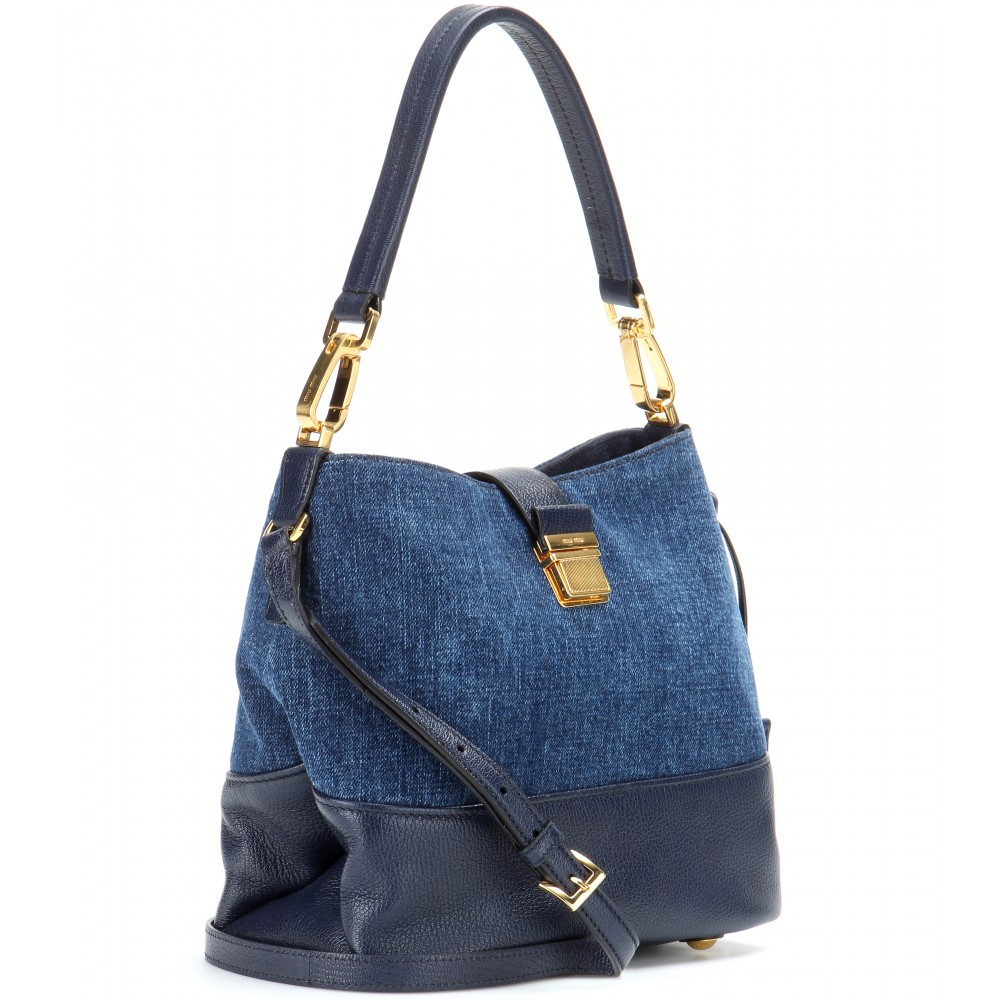 Lyst - Miu Miu Leather And Denim Bucket Bag in Blue