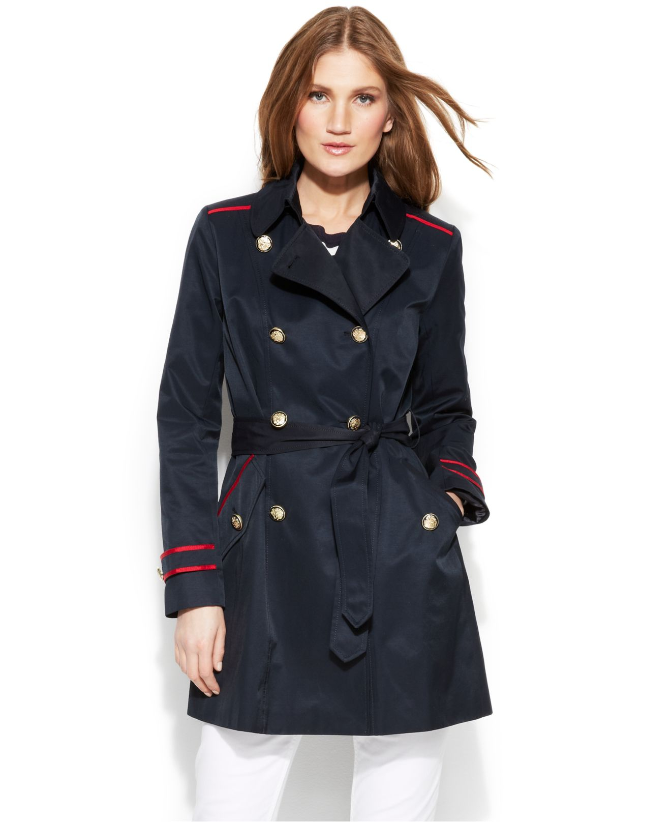 Vince camuto Double-Breasted Contrast-Trim Trench Coat in Blue | Lyst