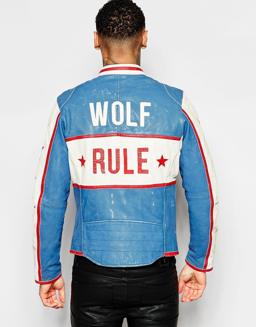DIESEL Leather Motoracing Jacket L-racing Wolf Rule In Blue - Blue for Men  | Lyst