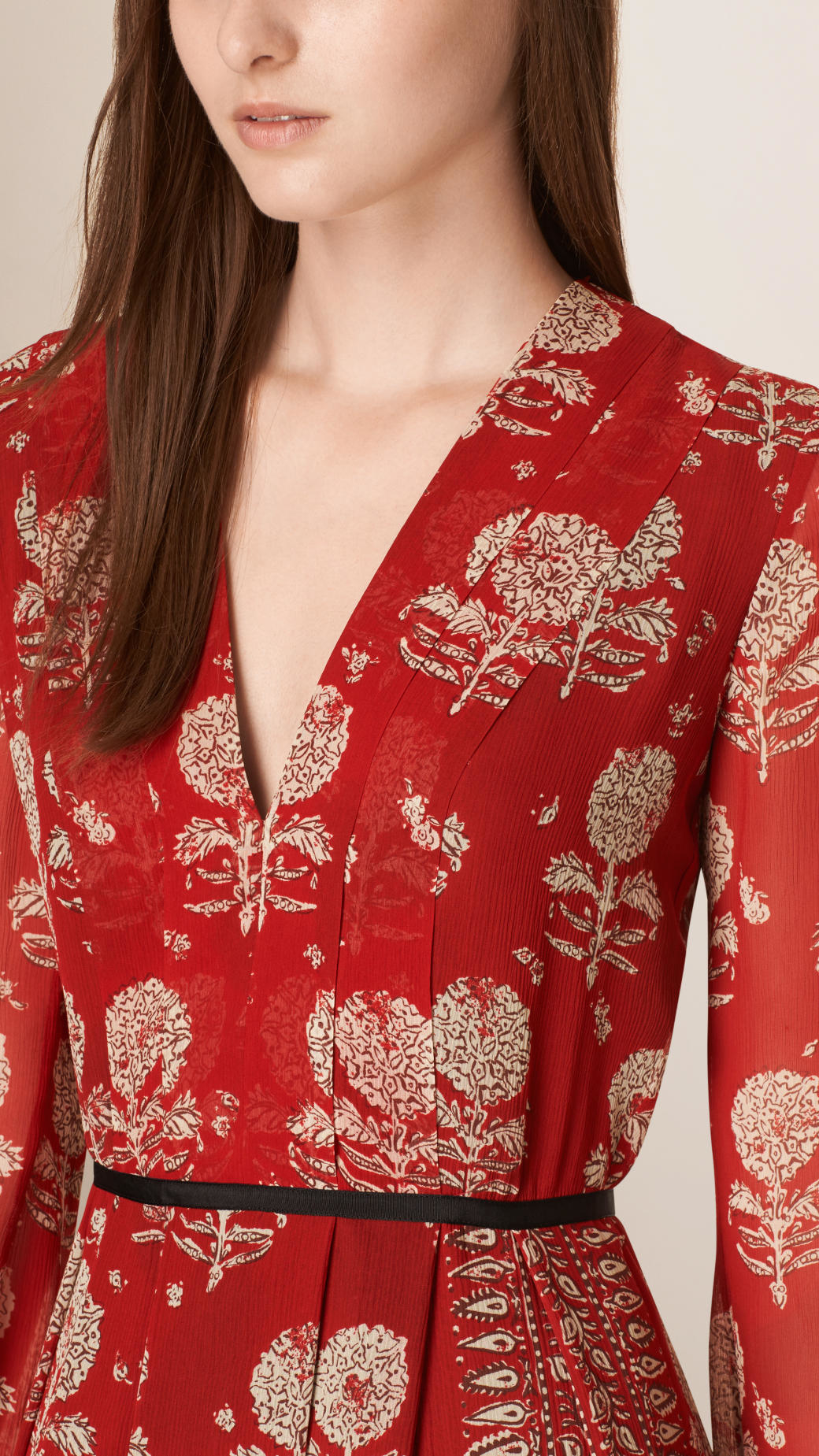 Burberry Floral Print Silk A-line Dress in Red | Lyst