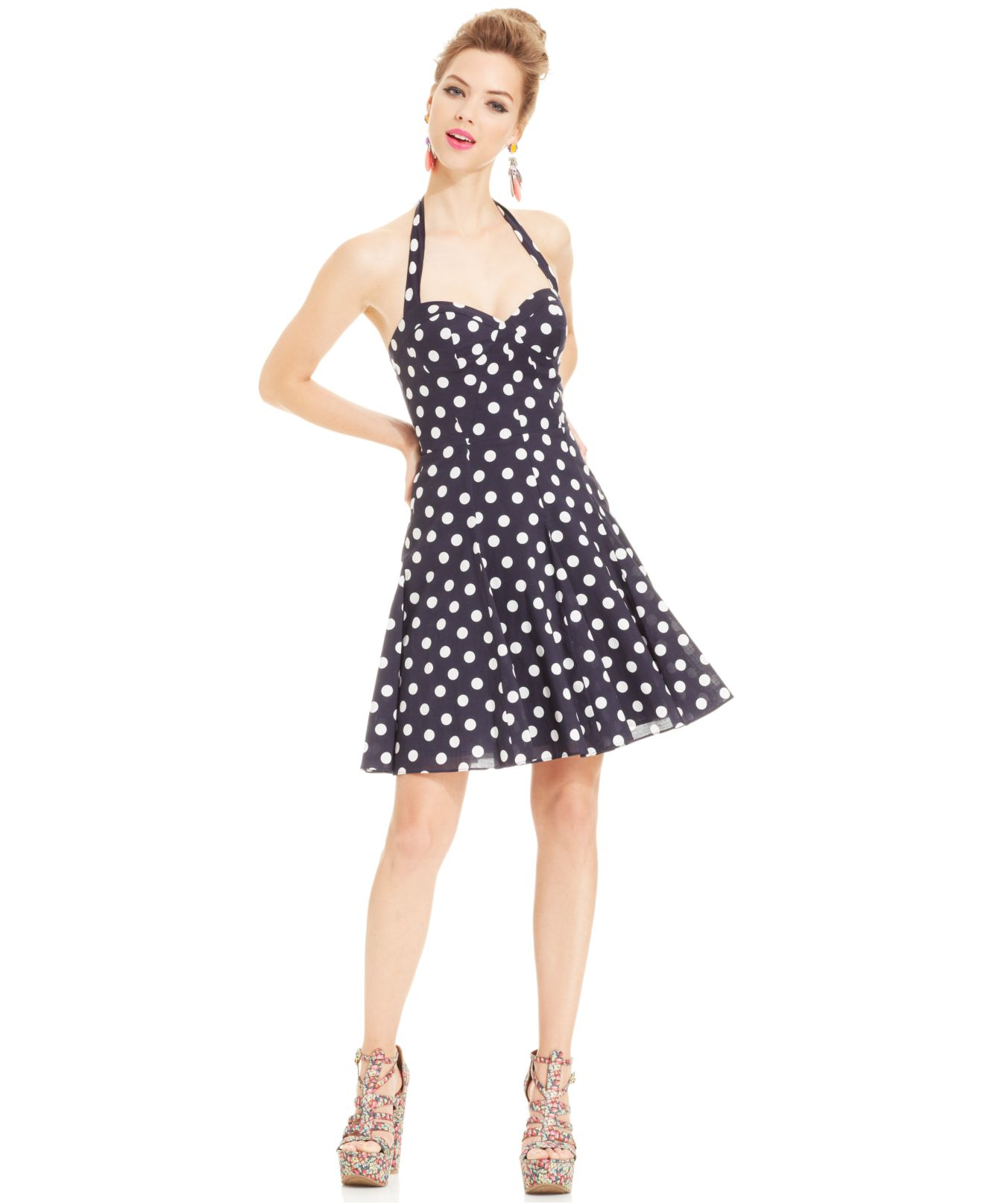 navy polka dot halter dress