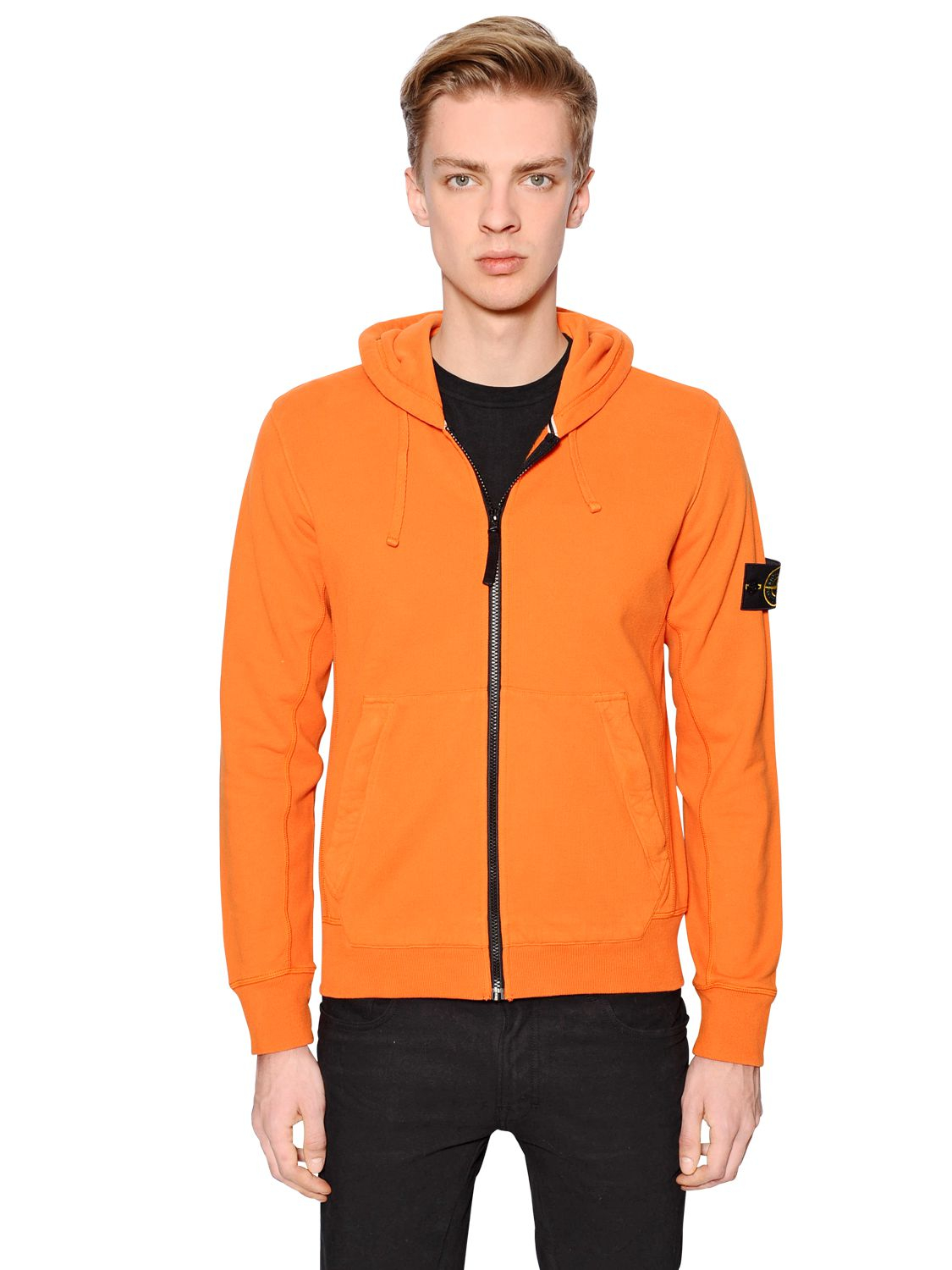 Stone Island Hooded Zipup Cotton Sweatshirt in Orange for Men Lyst