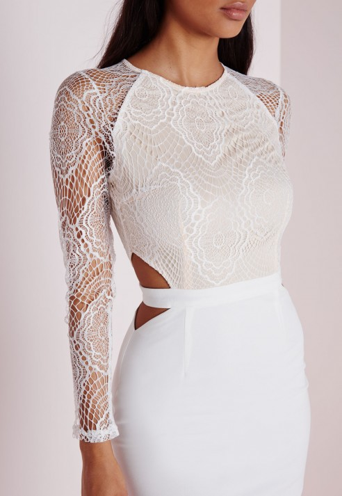 long sleeve white lace midi dress