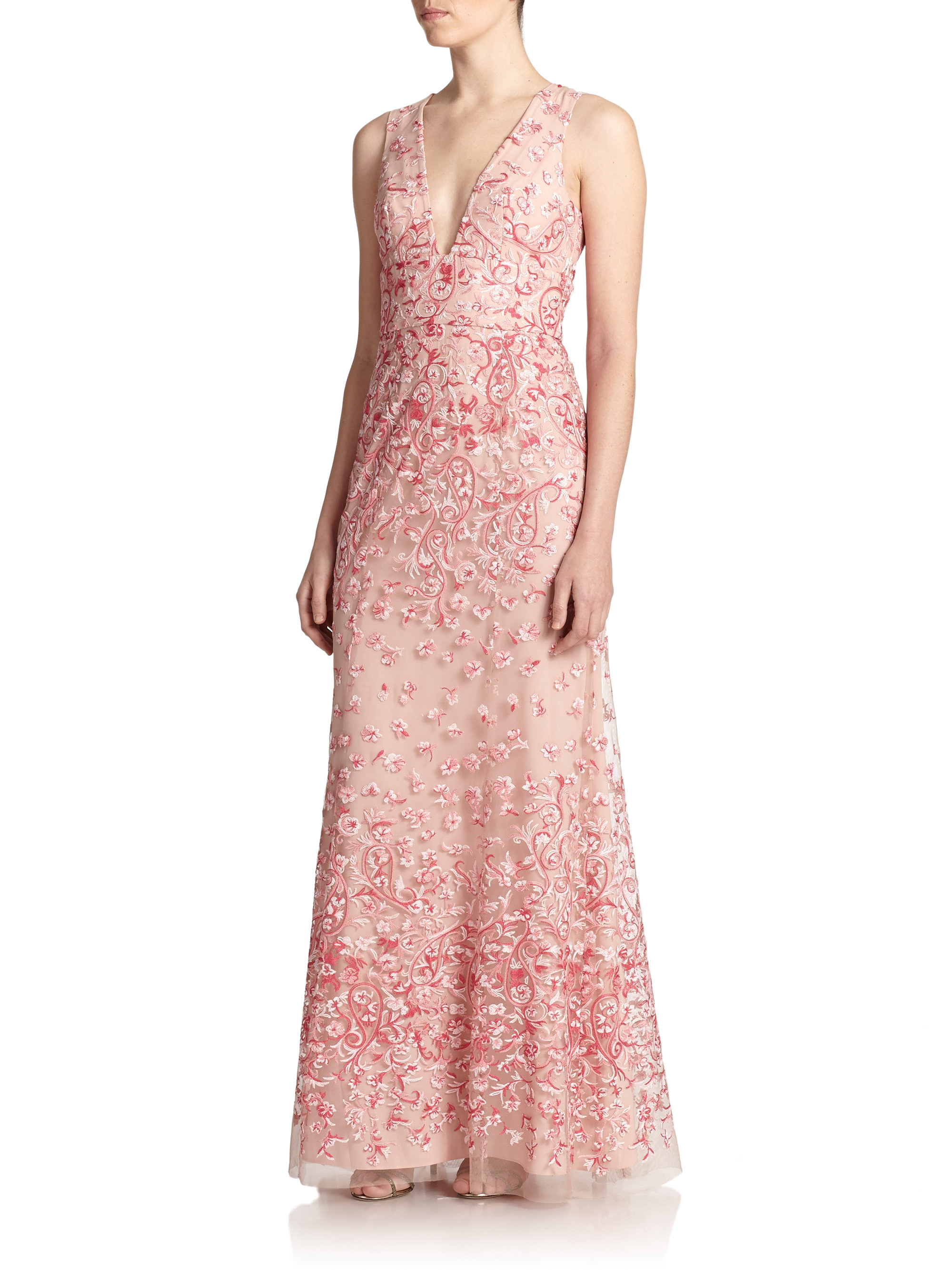 BCBGMAXAZRIA Claudea Embroidered V-Neck Gown in Pink | Lyst