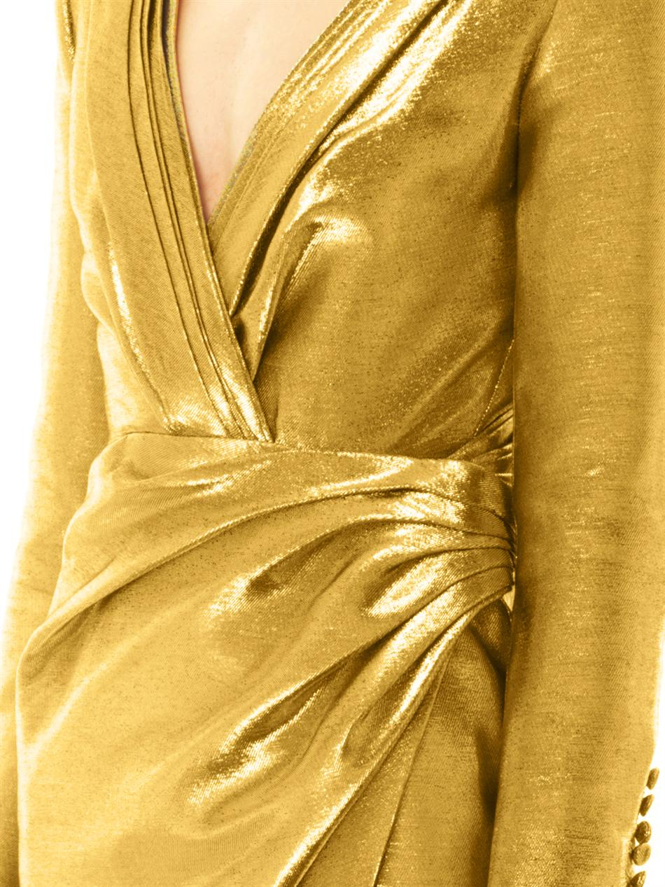 Saint Laurent Metallic Lam Ruched Wrap Dress Lyst