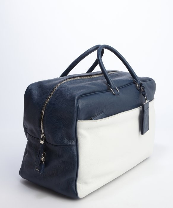 Prada Navy Blue And White Colorblocked On One Side Leather Travel ...  