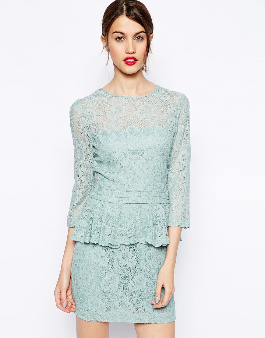 Ganni Lace Dress With Peplum in Blue - Lyst