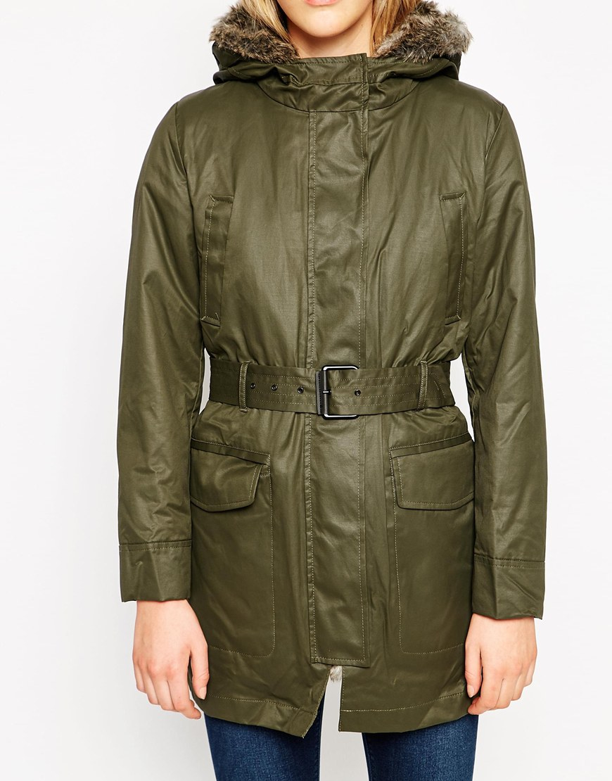 Mango Coated Hooded Parka With Detachable Faux Fur Lining in Green Lyst