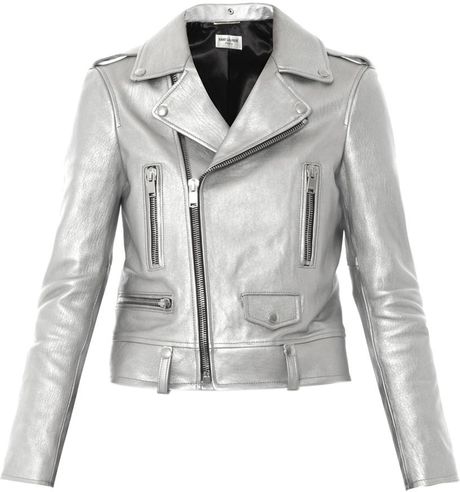 Saint Laurent Leather Biker Jacket in Silver | Lyst