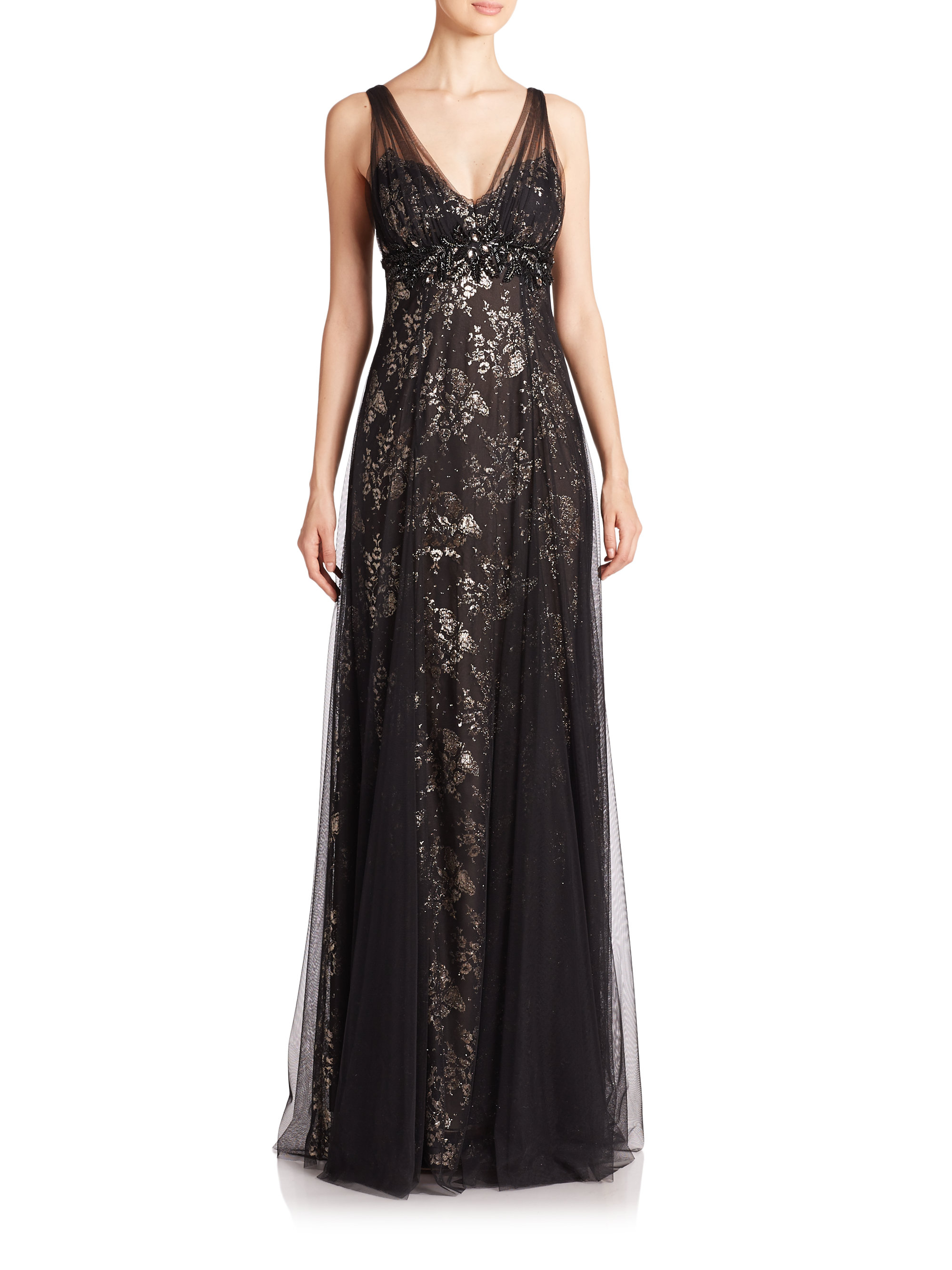Lyst - Notte By Marchesa Metallic Lace Draped Gown in Black