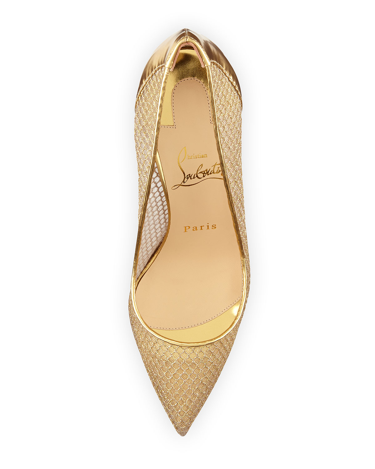 Christian louboutin Follies Resille Glitter Fishnet Pump in Gold ...  