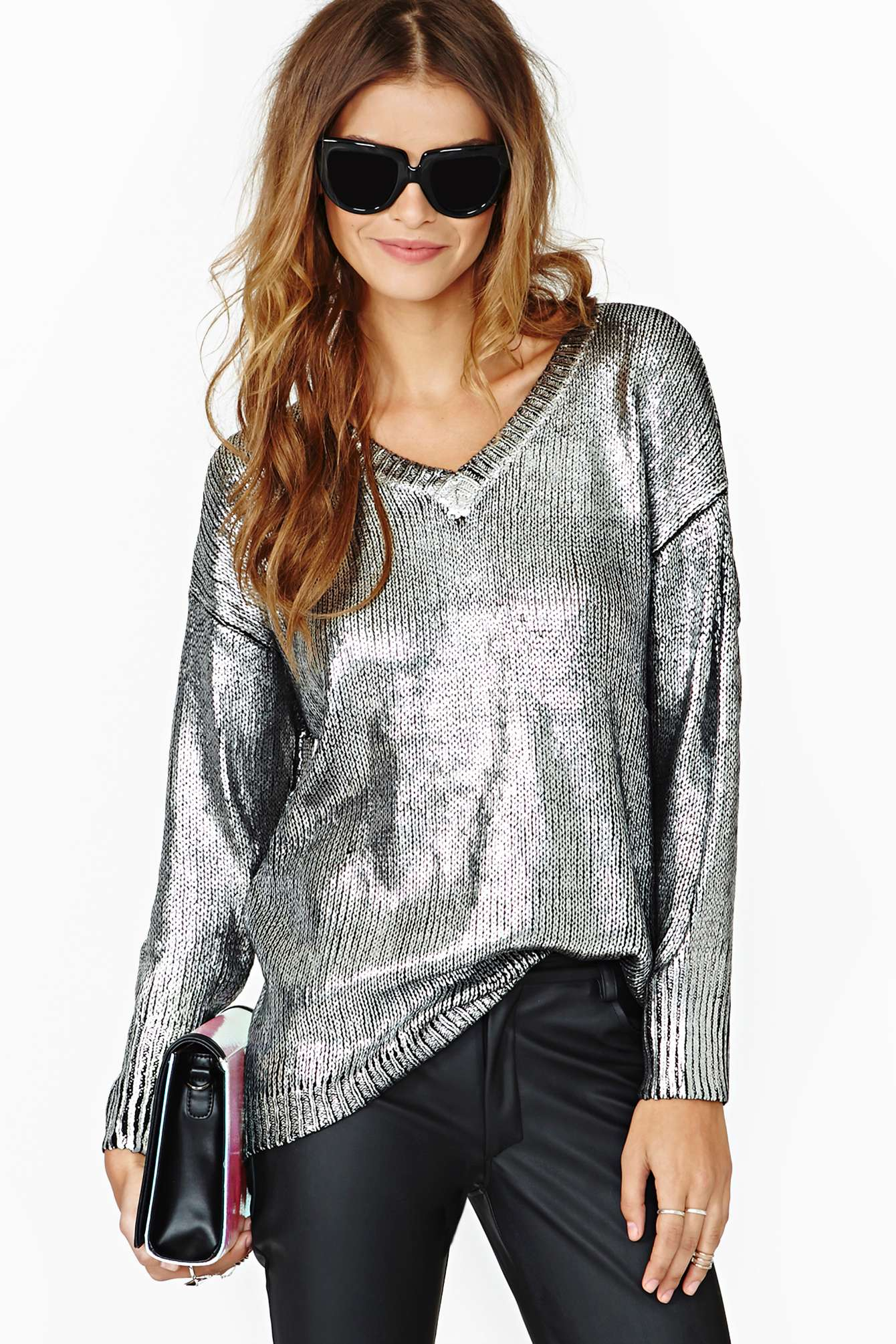 Nasty Gal Elan Metal Coated Sweater in 