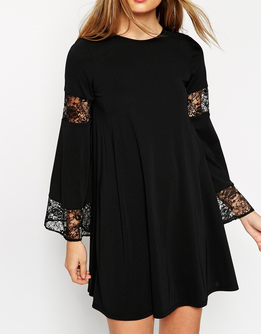 ASOS | Green Boho Swing Dress With Long Sleeve And Lace Inserts | Lyst