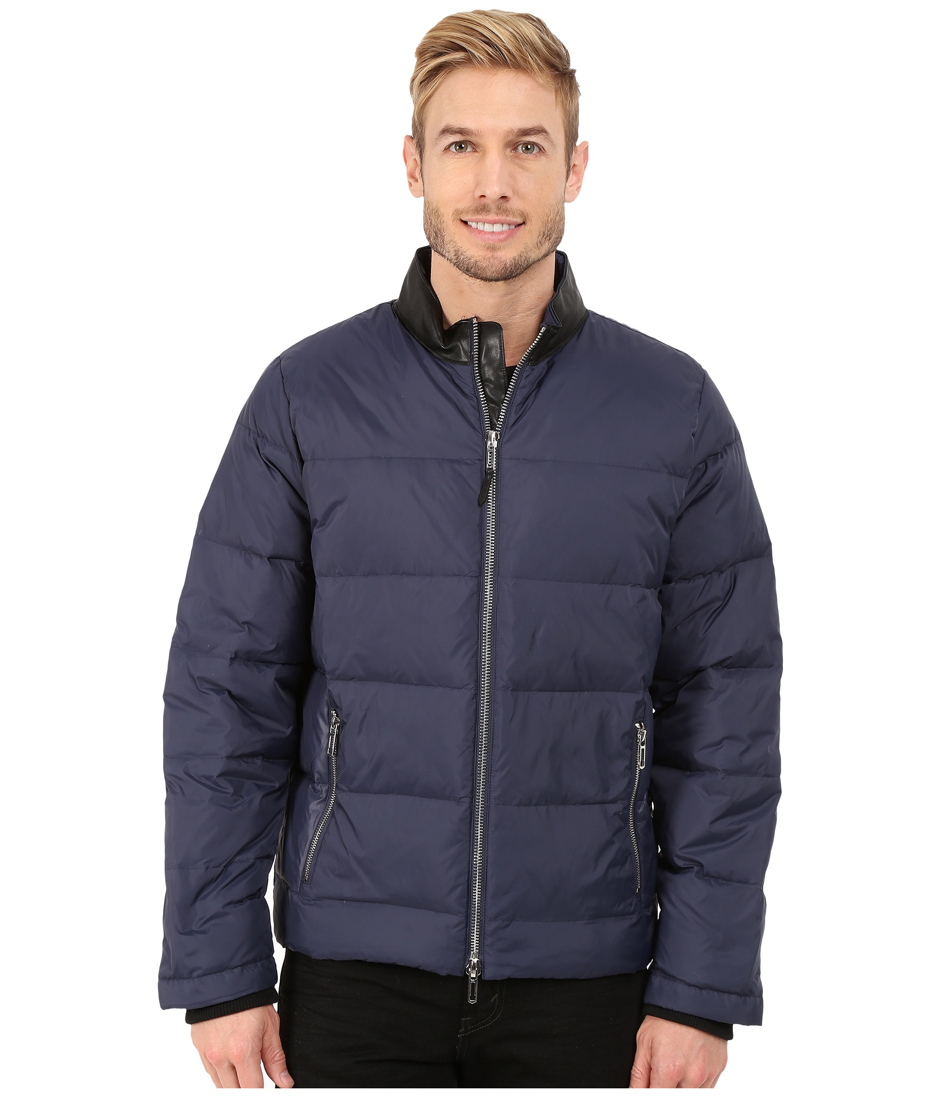 Calvin Klein Nylon Down Jacket With Faux Leather Collar Detail in Blue ...