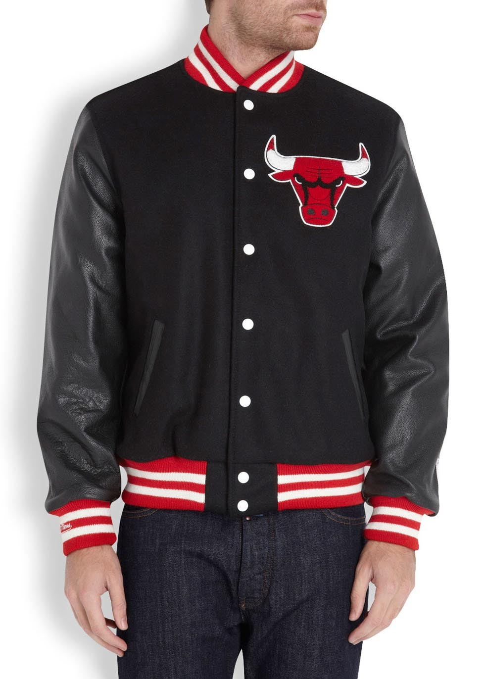 Mitc Ness Chicago Bulls Black Leather And Wool Varsity