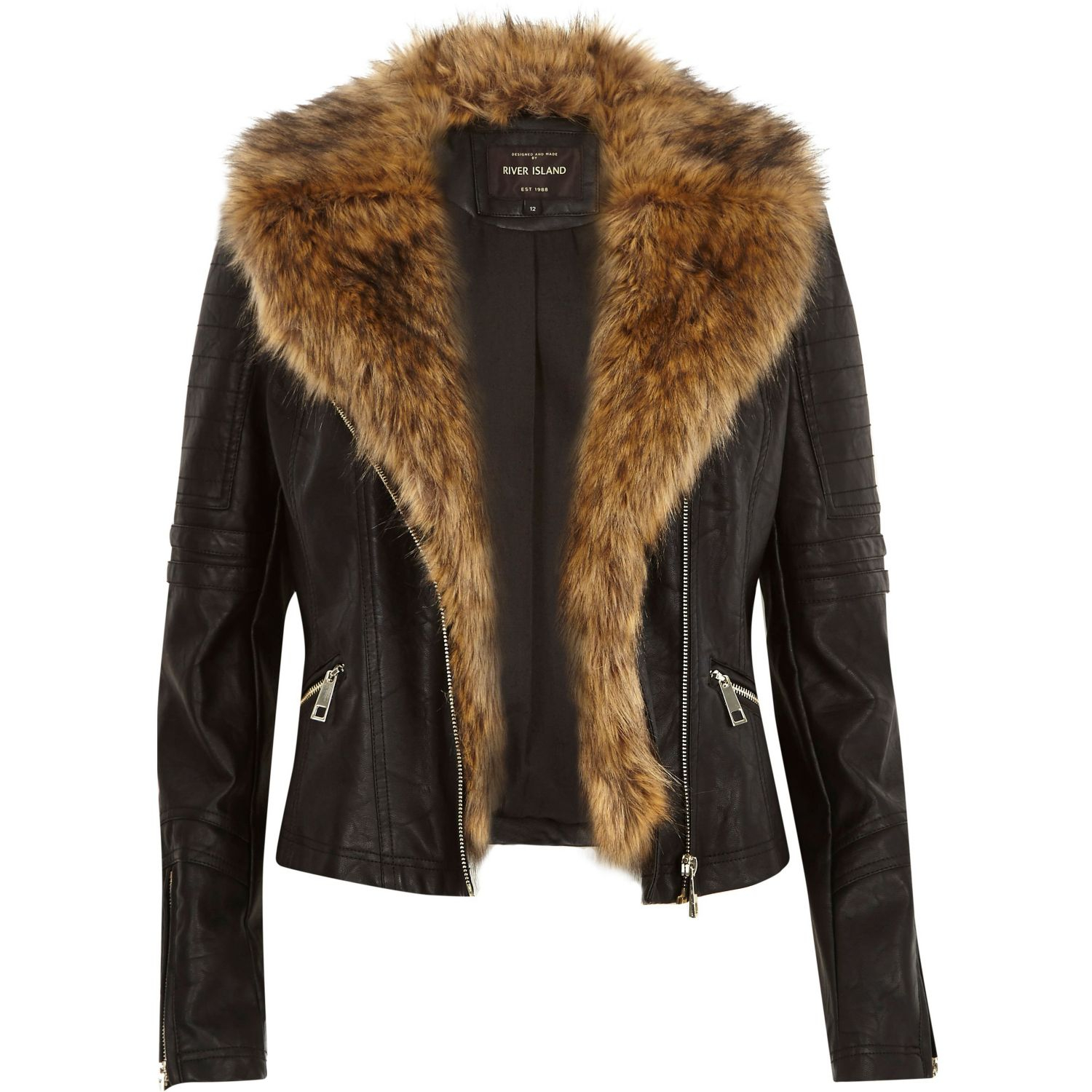 Lyst - River Island Black Leather-look Faux Fur Biker Jacket in Black