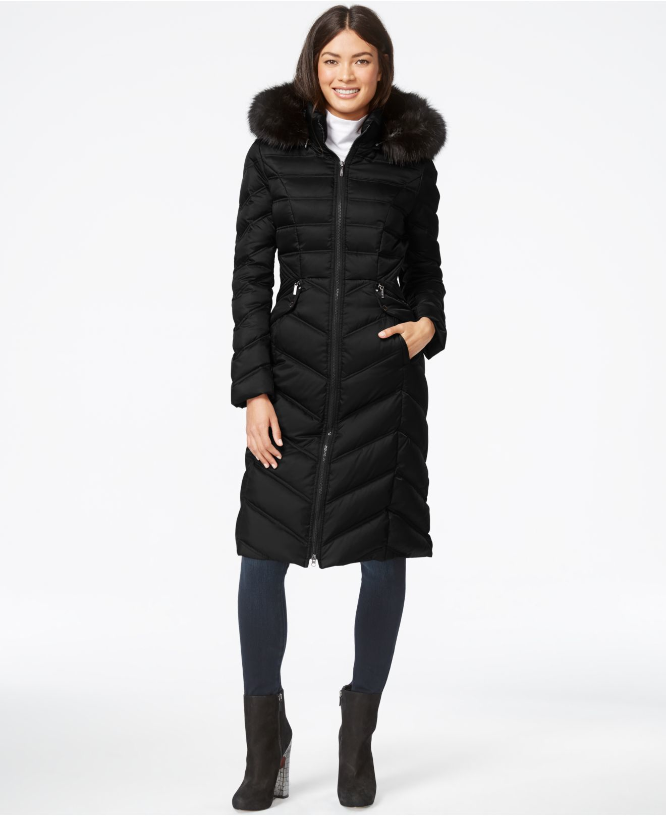 long puffer coat with fur hood