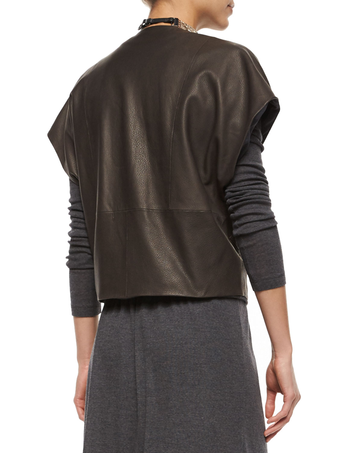 Brunello Cucinelli Short Sleeve Leather Zip Jacket In Gray Lyst Gallery