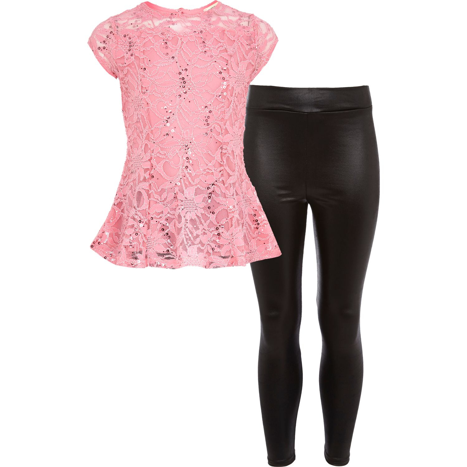 River island Girls Pink Lace Peplum Top and Leggings Set in Black (pink