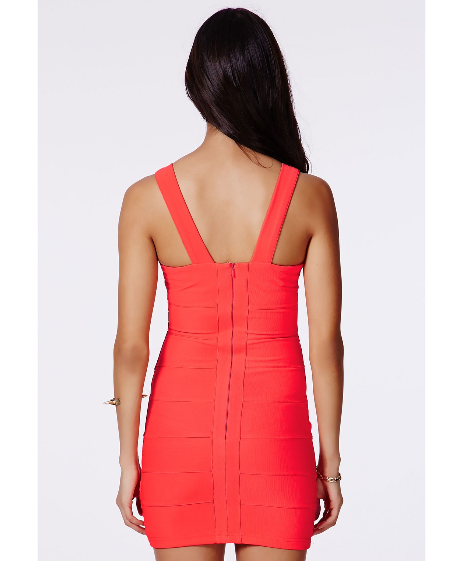 Missguided Leena Neon Coral Bandage Bodycon Dress in Pink (coral) | Lyst