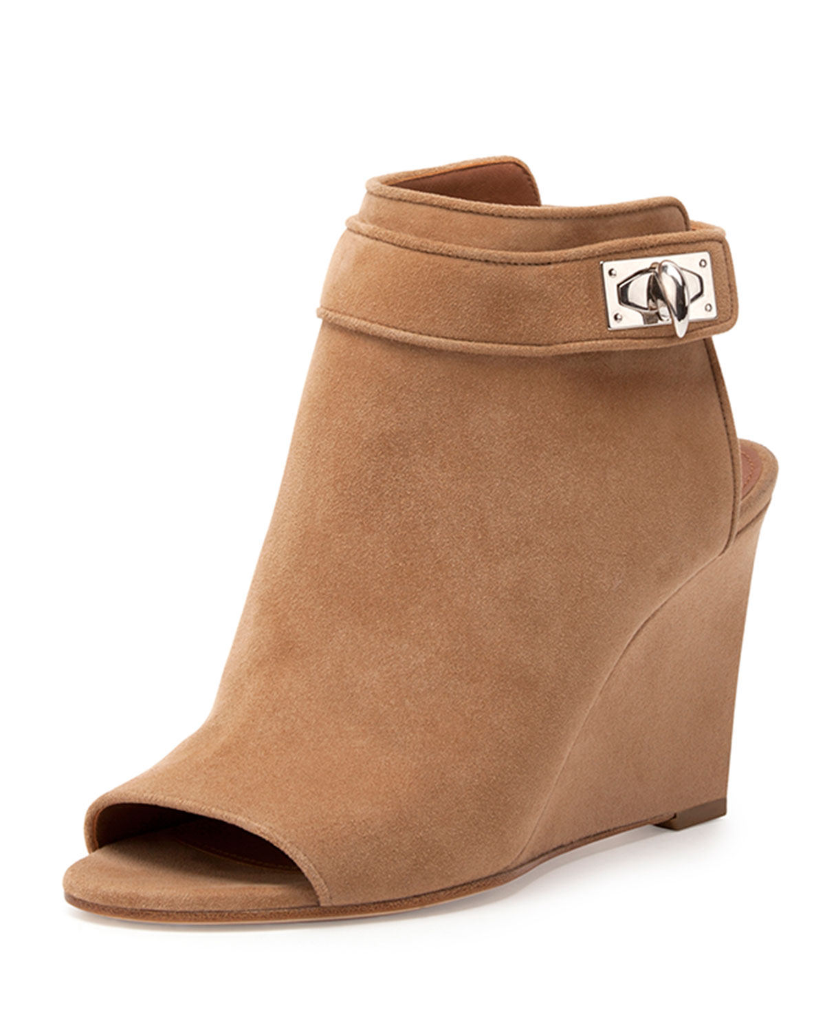 Givenchy Suede Shark-Lock Peep-Toe Wedge Bootie in Natural | Lyst