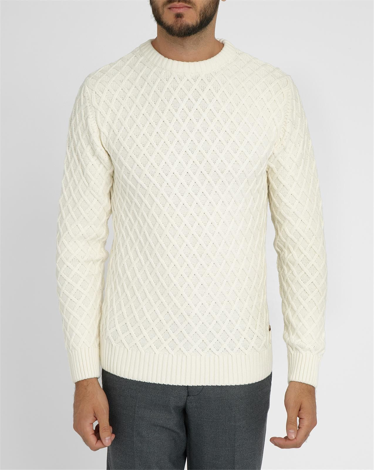 Knowledge cotton apparel White Diamond Knitted Roundneck Sweater in