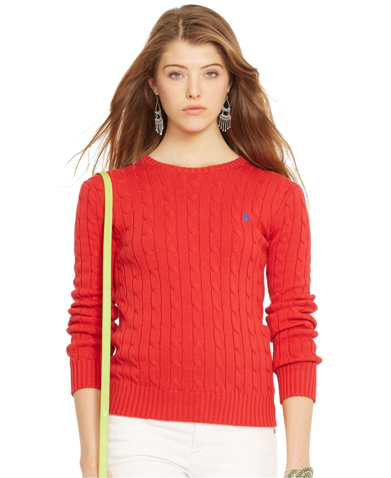 Polo Ralph Lauren Crew-Neck Cable-Knit Sweater in Red - Lyst
