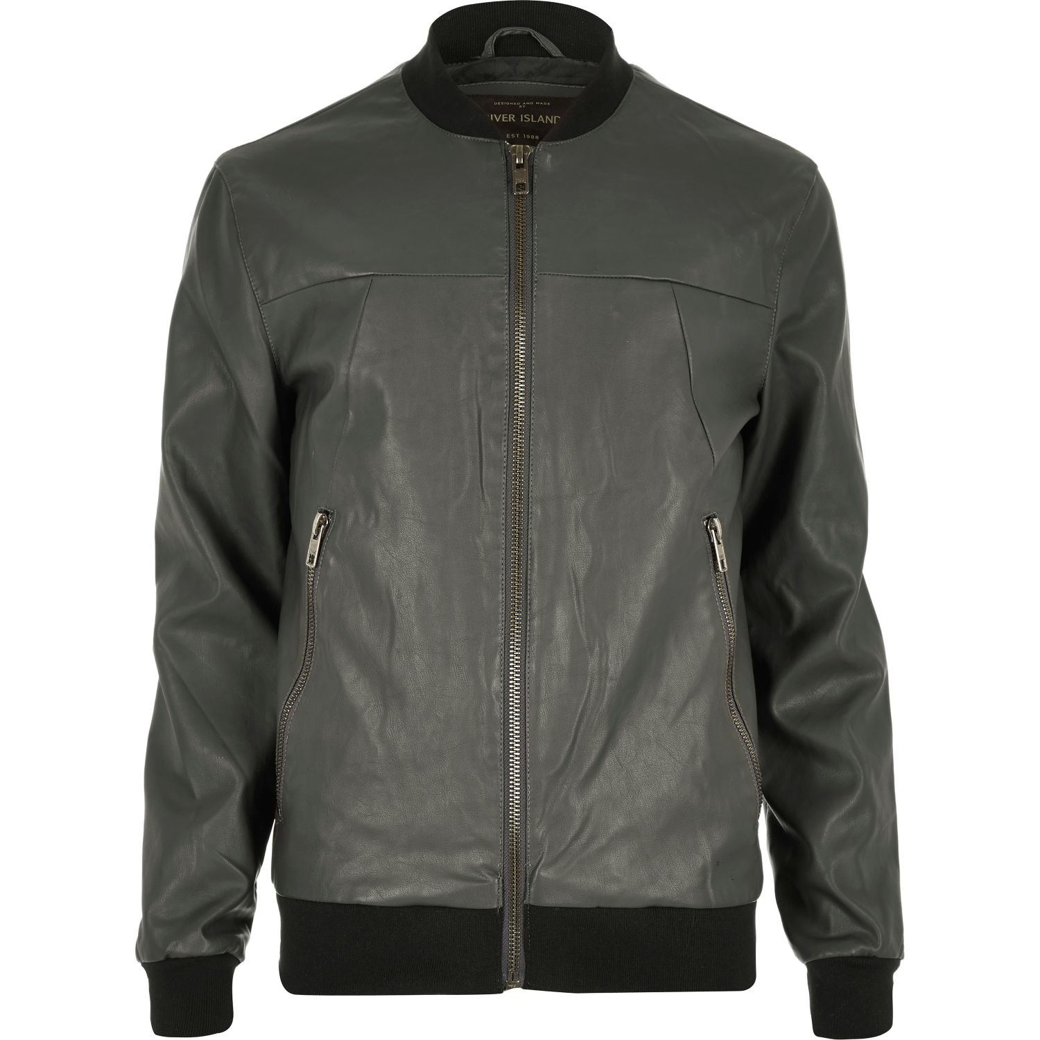 River island Grey Leather-look Bomber Jacket in Gray for Men (grey) | Lyst