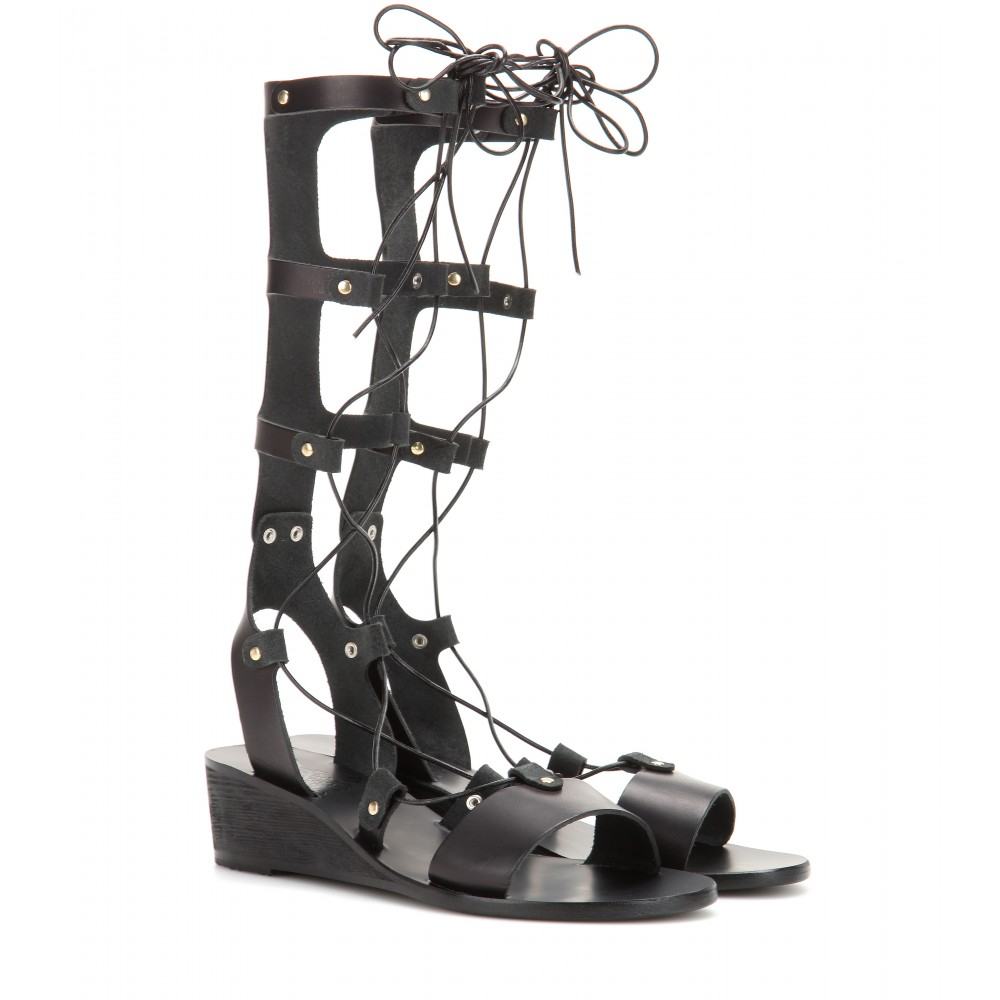 Ancient greek sandals Thebes Wedge Leather Gladiator Sandals in Black