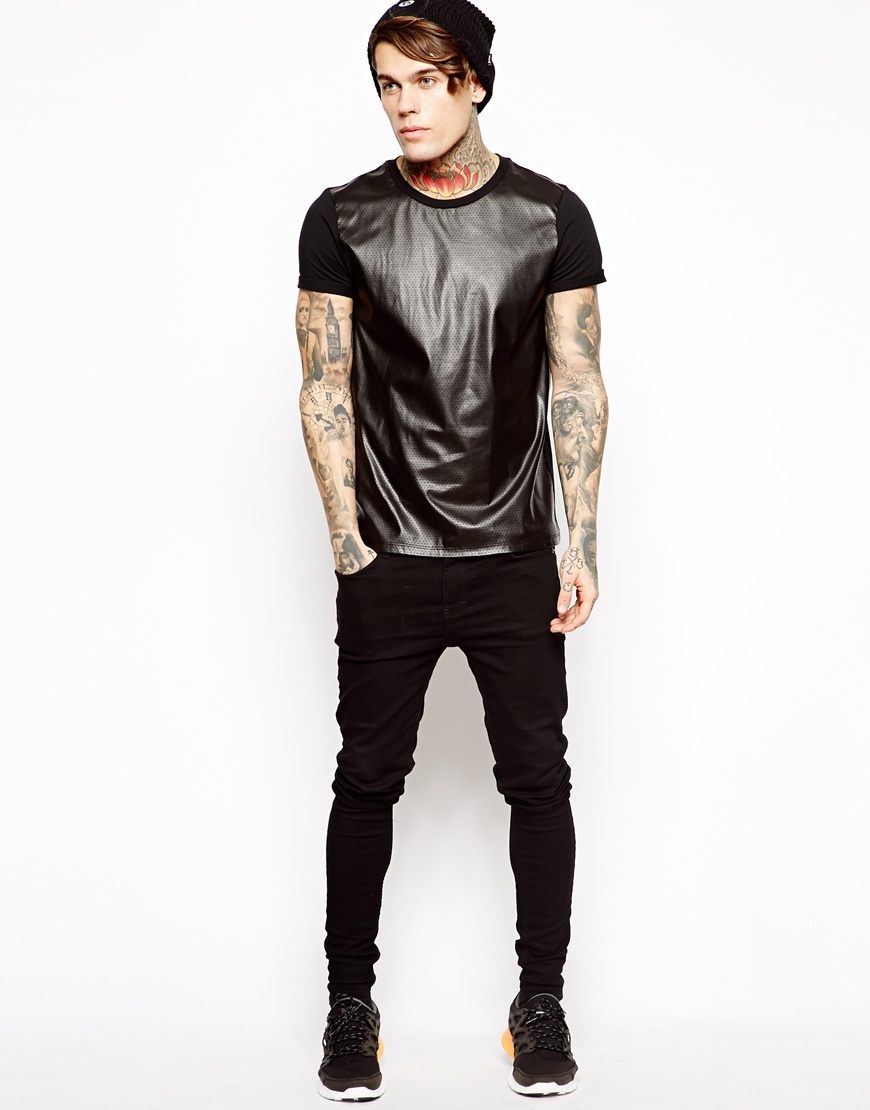 ASOS Tshirt with Leather Look Mesh Panel in Black for Men - Lyst