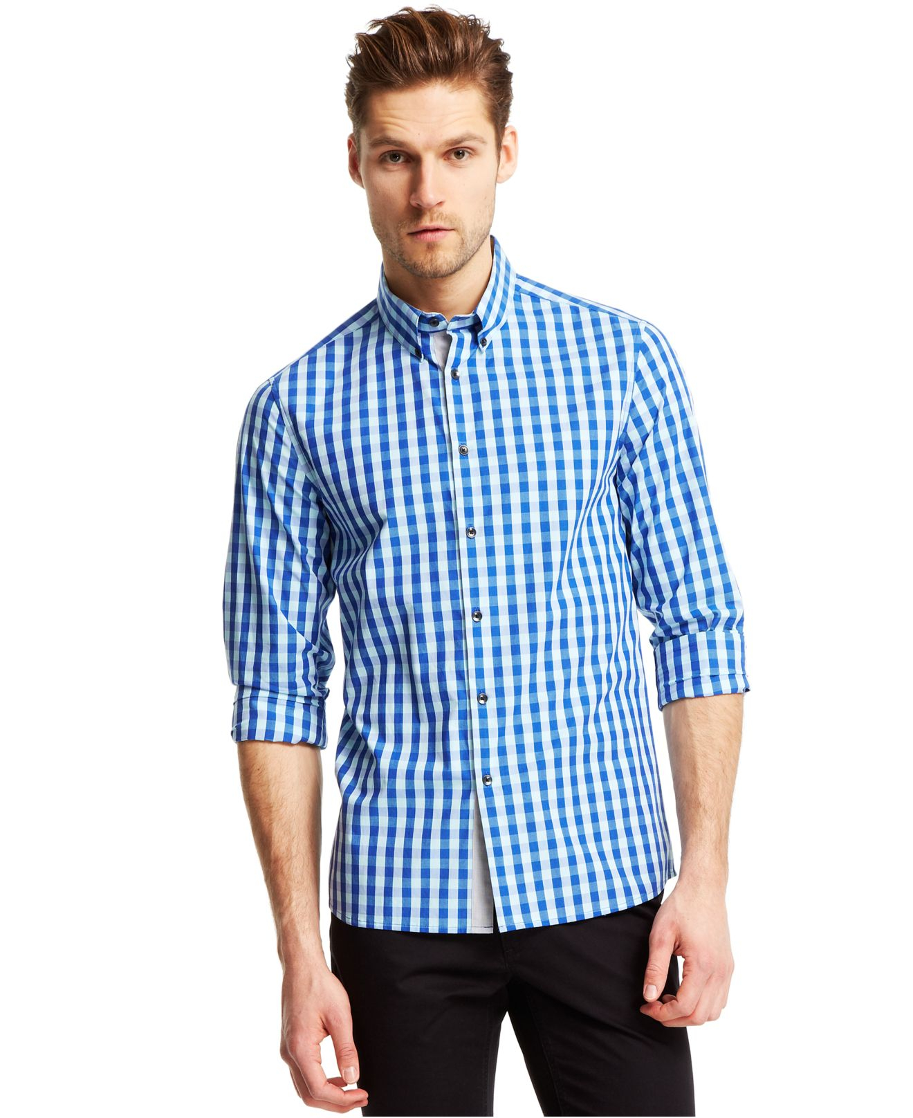 Kenneth Cole Reaction Slim-Fit Check Shirt in Blue for Men (Wave Combo ...