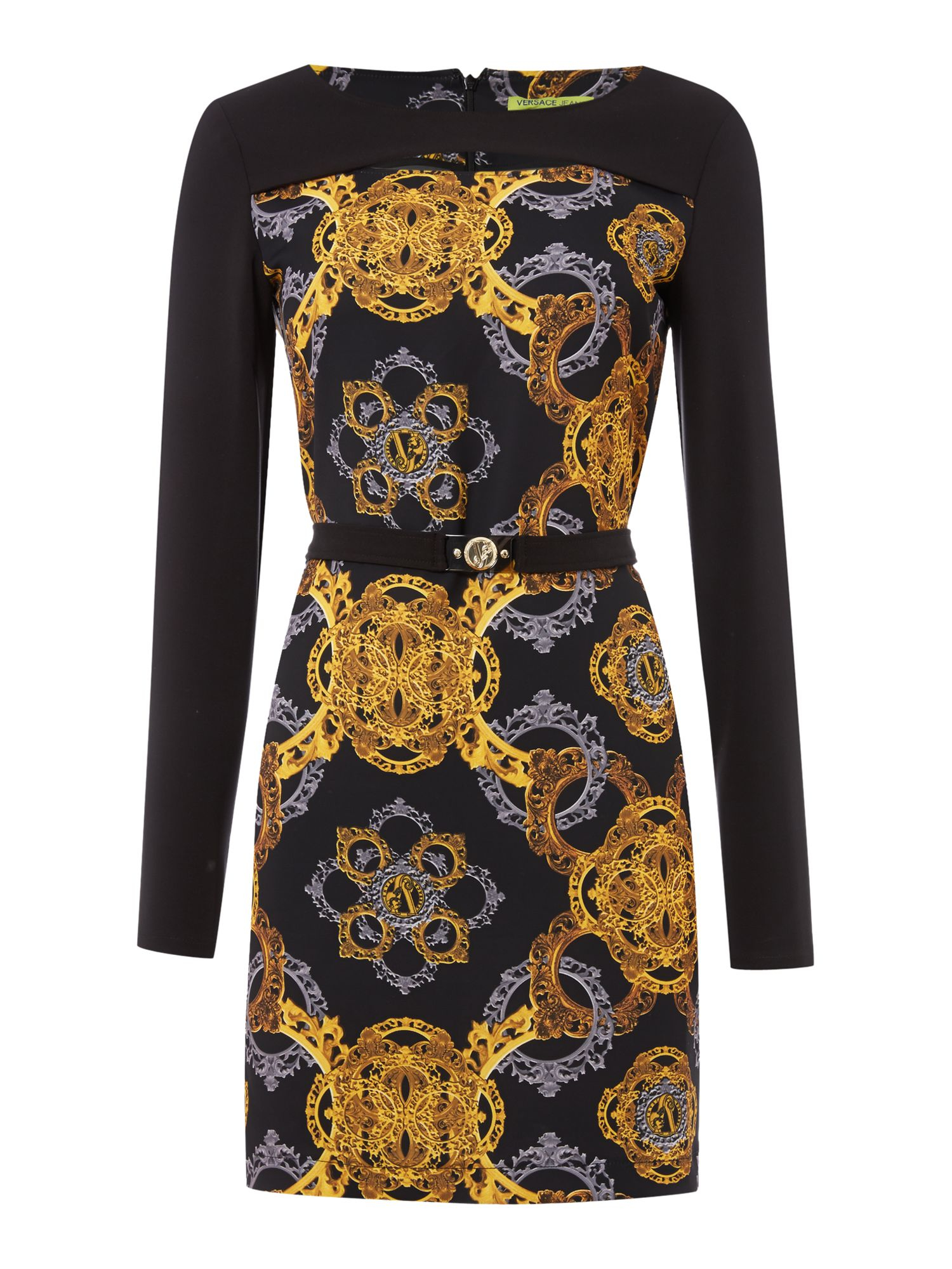 Versace jeans Long Sleeve Contrast Print Dress in Gold (Black Gold) | Lyst